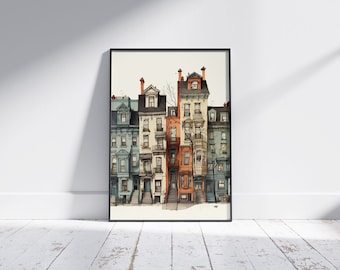 Whimsical SanFrancisco Row Houses   (Portrait, Urban Sketch Printable Decor, Illustrated Wall Decor, watercolor, digital art)