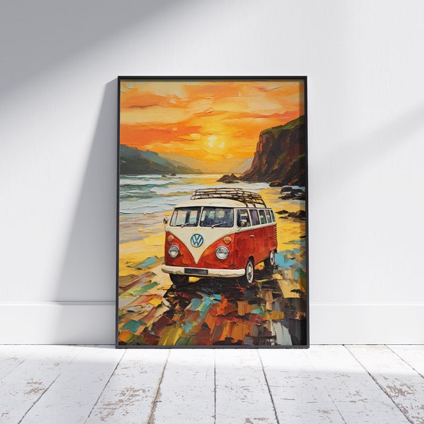 Abstract VW Van on Beach (Printable Decor, Volkswagen, Modern Minimalist Wall Decor, Zen, Art for men, Printable, Digital Art)