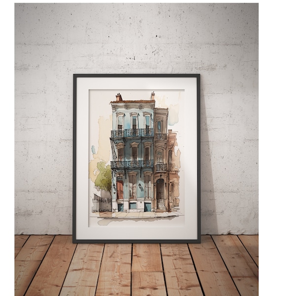 Whimsical New Orleans French Quarter House   (Portrait, Urban Sketch Printable Decor, Illustrated Wall Decor, watercolor, digital art)