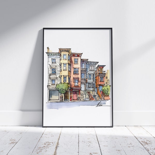 Whimsical San Francisco House  (Portrait, Urban Sketch Printable Decor, Illustrated Wall Decor, architecture, watercolor, line and wash)
