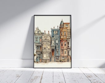 Whimsical SanFrancisco Row Houses  (Portrait, Urban Sketch Printable Decor, Illustrated Wall Decor, architecture, watercolor, digital art)