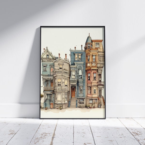 Whimsical SanFrancisco Row Houses (Retrato, decoración imprimible de bocetos urbanos, decoración de pared ilustrada, arquitectura, acuarela, arte digital)