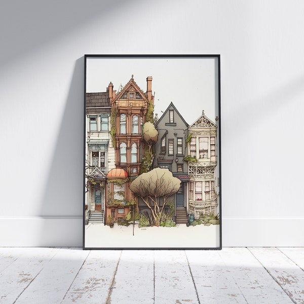 Whimsical SanFrancisco Row Houses  (Portrait, Urban Sketch Printable Decor, Illustrated Wall Decor, architecture, watercolor, digital art)