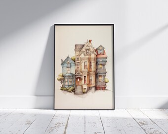 Whimsical San Francisco Row Houses   (Portrait, Urban Sketch Printable Decor, Illustrated Wall Decor, watercolor, digital art)