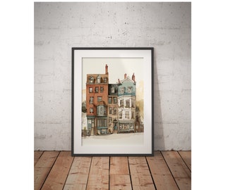 Whimsical Boston Row Houses  (Portrait, Urban Sketch Printable Decor, Illustrated Wall Decor, architecture, watercolor, digital art)