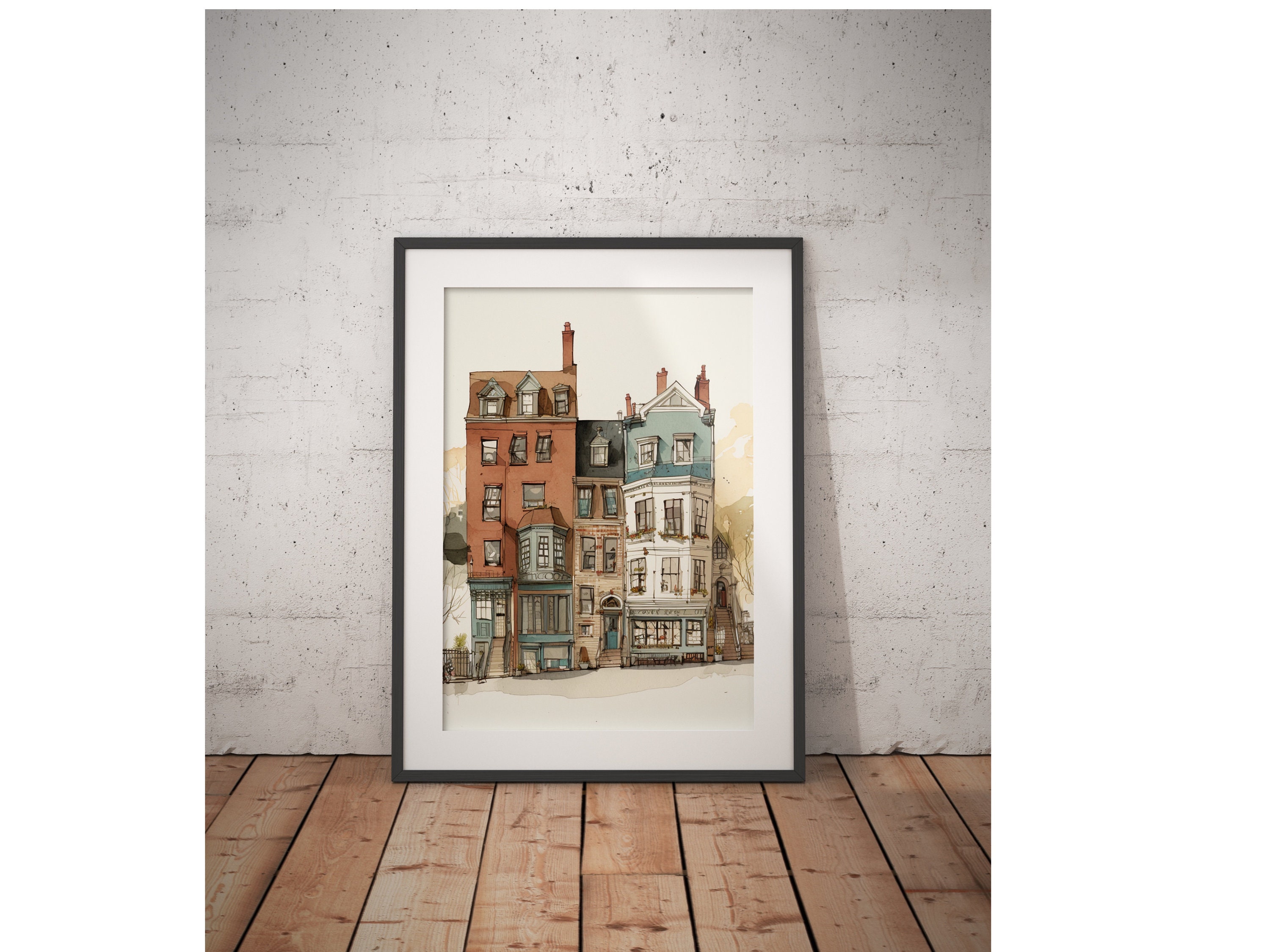 Whimsical San Francisco Row Houses  (Portrait, Urban Sketch Printable Decor, Illustrated Wall Decor, architecture, watercolor, digital art)