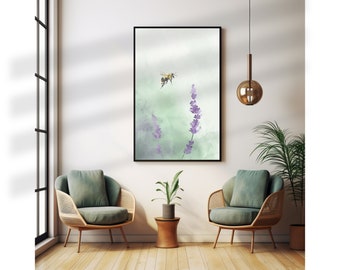 Bee on Flower (Watercolorl painting portrait, nature art, Neutral Wall Decor, Abstract Watercolor, Printable art, digital print, botanical)