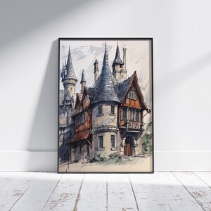 Wizard Inspired Cottage (Watercolor Printable Decor,  Watercolor Castle, line drawing, sketch, Neutral Wall Decor, printable art)