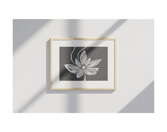 White flower grey background (Printable Decor,  flower, Modern Neutral Wall Decor, Botanical wall art, line art, printable, digital)