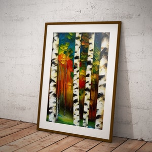 Herbstbirke (Ölgemälde Landschaft, Natur Landschaft Kunst, Neutrale Wand Dekor, Abstraktes Öl, druckbare Kunst, Digitaldruck)