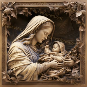 Archivo de grabado láser de María y el Niño Jesús: PNG con ilusión 3D (diseño digital)