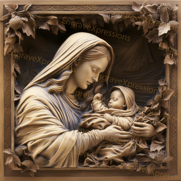 Laser Burn PNG | 3D Illusion | Engrave | Laser Ready |  Lightburn File | Digital Design File | Christmas - Mary with Baby - Jesus Christ