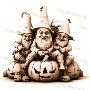 3D Halloween Gnomes on Pumpkins Laser Engrave PNG (Digital Design File)