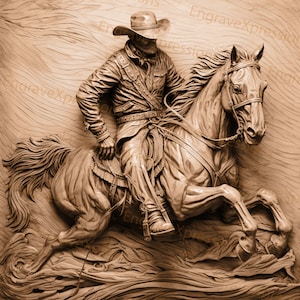 Queima de Laser PNG | Ilusão 3D | Gravar | Pronto para Laser | Arquivo Lightburn | Arquivo de desenho digital | Cowboy andando a cavalo 2