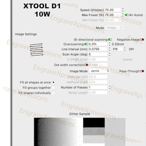 Puede incluir: Una captura de pantalla de una pantalla de ordenador que muestra la configuraci&oacute;n de una m&aacute;quina de grabado. Los ajustes incluyen la velocidad, la potencia, el intervalo de l&iacute;nea, el &aacute;ngulo de escaneo, la correcci&oacute;n del ancho de punto, el modo de imagen, el n&uacute;mero de pasadas y la longitud de la rampe. La imagen tambi&eacute;n muestra una muestra de trama, que es una peque&ntilde;a imagen que muestra c&oacute;mo se ver&aacute; el grabado.