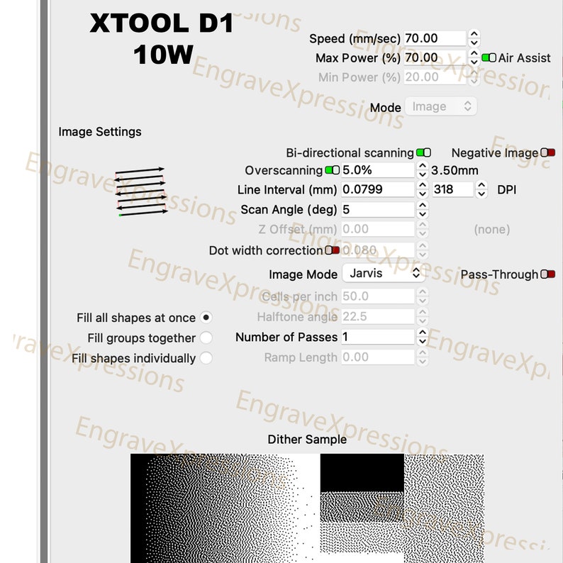 Puede incluir: Una captura de pantalla de una pantalla de ordenador que muestra la configuraci&oacute;n de una m&aacute;quina de grabado. Los ajustes incluyen la velocidad, la potencia, el intervalo de l&iacute;nea, el &aacute;ngulo de escaneo, la correcci&oacute;n del ancho de punto, el modo de imagen, el n&uacute;mero de pasadas y la longitud de la rampe. La imagen tambi&eacute;n muestra una muestra de trama, que es una peque&ntilde;a imagen que muestra c&oacute;mo se ver&aacute; el grabado.
