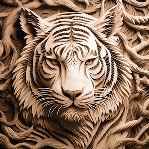 May include: A detailed, sepia-toned relief carving of a tiger's face. The artwork features intricate lines and textures, with the tiger's stripes and fur meticulously rendered. The image includes the text "Expressions" in the lower left and right corners.