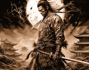 Laser Burn PNG | 3D Illusion | Engrave | Laser Ready |  Lightburn File | Glowforge | Digital Design File | Samurai - Moon