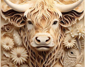 Archivo de grabado láser de vaca de las Tierras Altas 3D: PNG, SVG de vida silvestre (descarga digital)