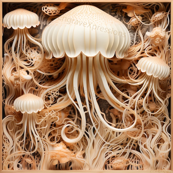 Laser Burn PNG | 3D Illusion | Engrave | Laser Ready |  Lightburn File | Digital Design File | Underwater life - Jellyfish 1