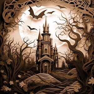 May include: A sepia-toned illustration of a spooky castle scene. The castle, with multiple spires, is set against a full moon and surrounded by bare trees and flying bats. The overall theme is Halloween or a gothic aesthetic.
