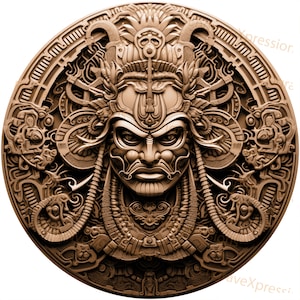 Laser Burn PNG | 3D Illusion | Engrave | Laser Ready |  Lightburn File | Digital Design File | Samurai - Warrior - Mask - 5 | Coin Circle