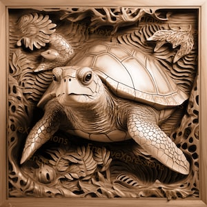 Laserbranden, png-bestand | 3D-illusie | Graveren | Gereed voor laser | Lightburn-bestand | Digitaal ontwerpbestand | Schildpad - Onderwaterscène - koralen