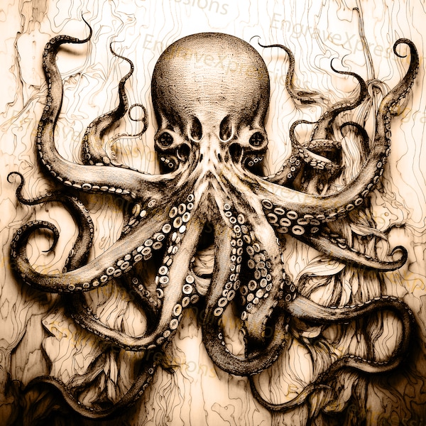 Laser Burn PNG | 3D Illusion | Engrave | Laser Ready |  Lightburn File | Glowforge | Digital Design File | Deep Sea - Octopus 3