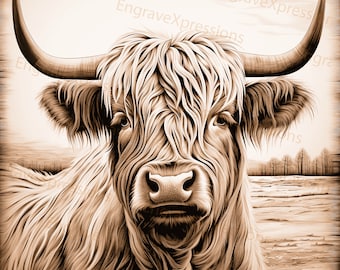 Vaca de las Tierras Altas grabada con láser PNG: ilusión 3D, archivo Lightburn