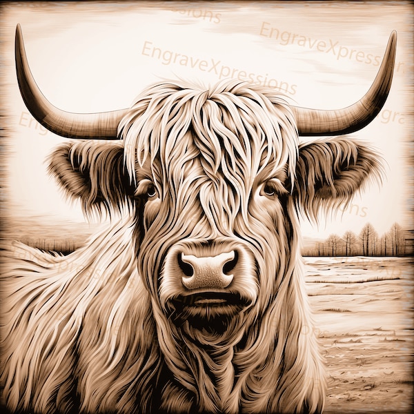 Grabación láser PNG / Ilusión 3D / Grabado / Láser listo / Archivo Lightburn / Glowforge / Archivo de diseño digital / Highland Cow 1