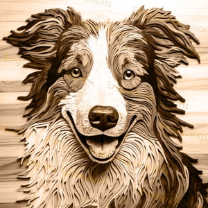 Könnte beinhalten: Eine Nahaufnahme einer Holzskulptur eines Border Collie Hundes. Der Hund ist braun und weiß mit einer schwarzen Nase und Zunge. Die Skulptur besteht aus vielen Holzschichten, die einen 3D-Effekt erzeugen.