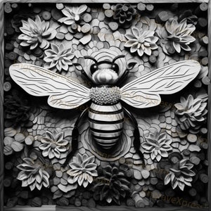 Puede incluir: Una escultura de madera en blanco y negro de una abeille con detalles intrincados. La abeille est&aacute; rodeada de flores y hojas talladas, creando una escena texturizada y realista.