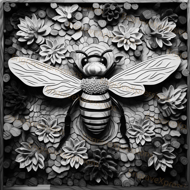 Puede incluir: Una escultura de madera en blanco y negro de una abeille con detalles intrincados. La abeille est&aacute; rodeada de flores y hojas talladas, creando una escena texturizada y realista.