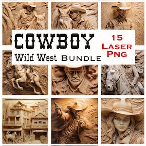 Pacchetto laser Wild West Masterizza PNG / Illusione 3D / Incisione / Pronto per il laser / File Lightburn / File di progettazione digitale / Cowboy - Cowgirl Oldwest