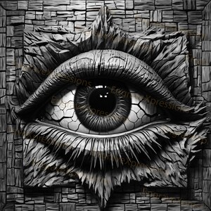 May include: A black and white image of a large eye carved into a stone wall. The eye is detailed with a cracked texture and a dark pupil.