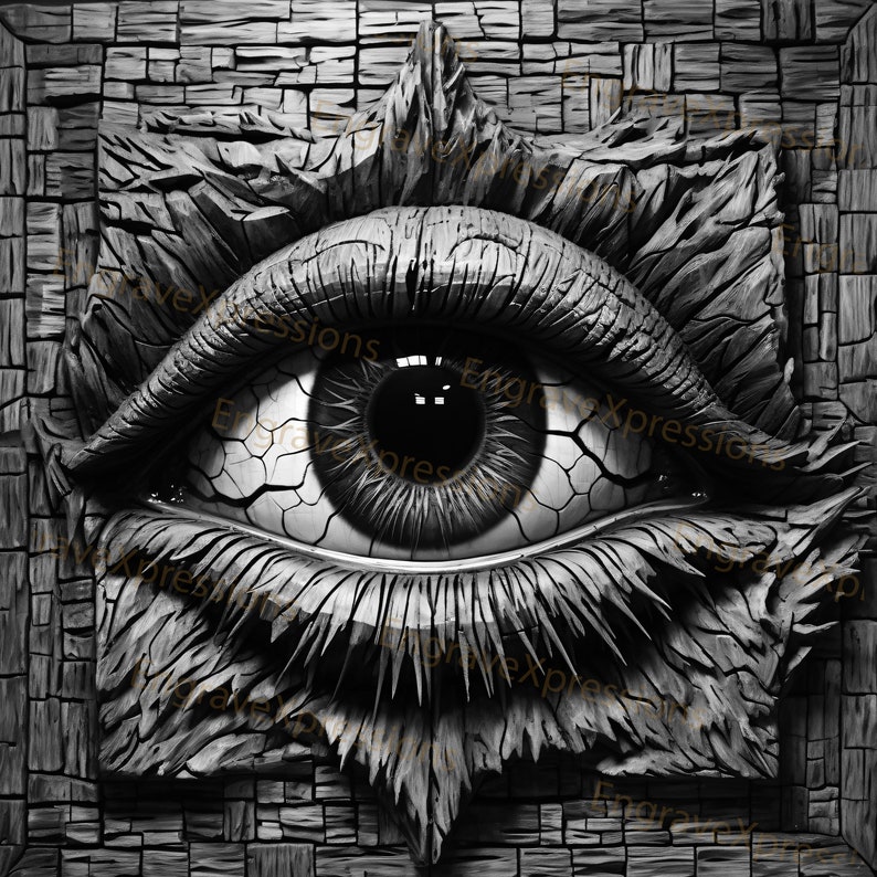 May include: A black and white image of a large eye carved into a stone wall. The eye is detailed with a cracked texture and a dark pupil.