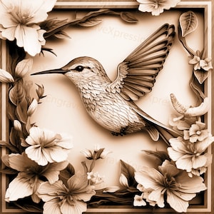 Laserbrand PNG | 3D illusie | Graveren | Laserklaar | Lightburn-bestand | Digitaal ontwerpbestand | Kolibrie Colibri wilde bloemen