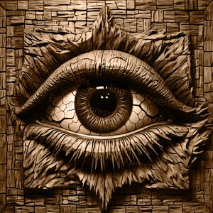 May include: A large, wooden eye sculpture with a cracked, textured surface. The eye is carved in detail, with a dark brown iris and a black pupil. The eye is surrounded by a wooden frame.