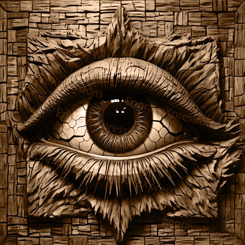 May include: A large, wooden eye sculpture with a cracked, textured surface. The eye is carved in detail, with a dark brown iris and a black pupil. The eye is surrounded by a wooden frame.