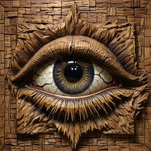 May include: A wooden sculpture of a large eye with a cracked, textured surface. The eye is blue with a dark brown iris and a black pupil. The sculpture is framed by a wooden border.