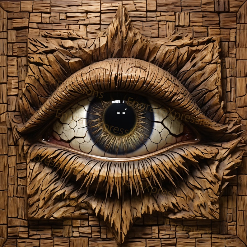 May include: A wooden sculpture of a large eye with a cracked, textured surface. The eye is blue with a dark brown iris and a black pupil. The sculpture is framed by a wooden border.