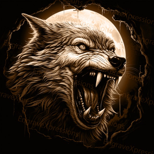 Laser Burn PNG | 3D Illusion | Engrave | Laser Ready |  Lightburn File | Glowforge | Digital Design File | Wolf - Full Moon - Werewolf 1