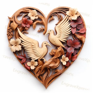 Coração de pássaros do amor, casamento dia dos namorados, gravação a laser arquivos PNG | Ilusão 3D | Gravar | Lightburn, X FERRAMENTA, Glowforge, CO2,