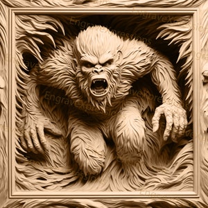 May include: A detailed wood carving of a snarling, furry creature with sharp teeth and claws, emerging from a textured, wood-like background. The carving is framed in a square frame.