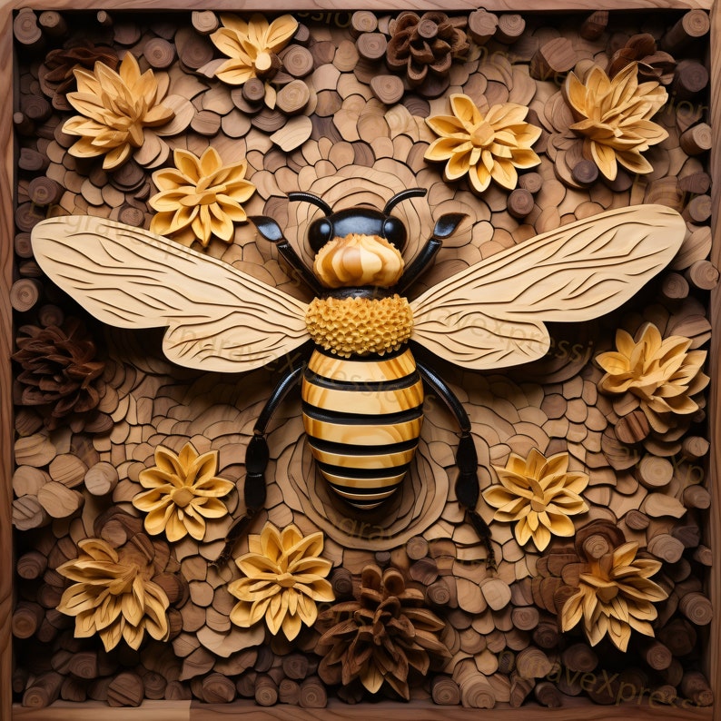 Puede incluir: Una escultura de madera de una abeja con rayas negras y amarillas, rodeada de flores y hojas de madera talladas. La abeja est&aacute; intrincadamente detallada y parece estar volando.