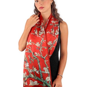 Red Almond Blossom Silk Scarf – Van Gogh Inspired Floral Long Scarf  Elegant Botanical Wearable Art Gift for Her, Ramadan Gift, Eid Gift