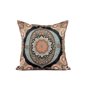 Blue Velvet Turkish Pillow Cover: Bohemian Mandala Cushion (40x40cm)