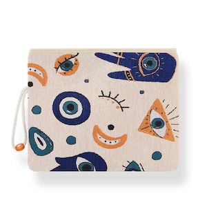 Evil Eye Tapestry Clutch – Handmade Gobelin Zip Bag – Abstract Eye Design Pouch – Turkish Woven Boho Purse,Mother&#39;s Day Gift, Gift for mom