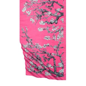 Fuchsia Almond Blossom Scarf - Silky Rayon Pink Floral Art Wrap 45x160cm Gift for Her, Ramadan Gift, Eid Gift