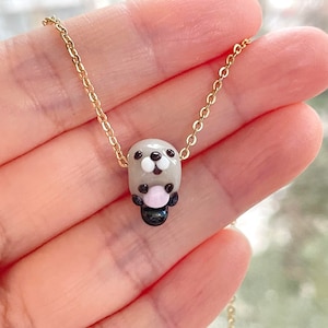 Tiny Sea Otter Necklace: Handmade Lampwork Glass Miniature Animal Jewelry